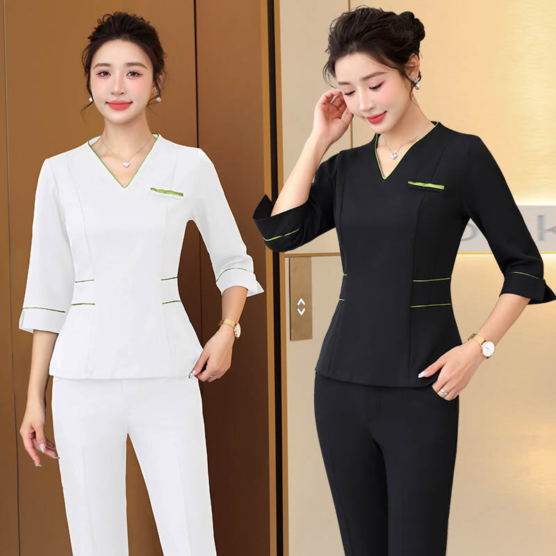 Conjunto de uniforme de trabajo promocional para mujer, ropa de esteticista, uniforme de túnica para salón de Hotel