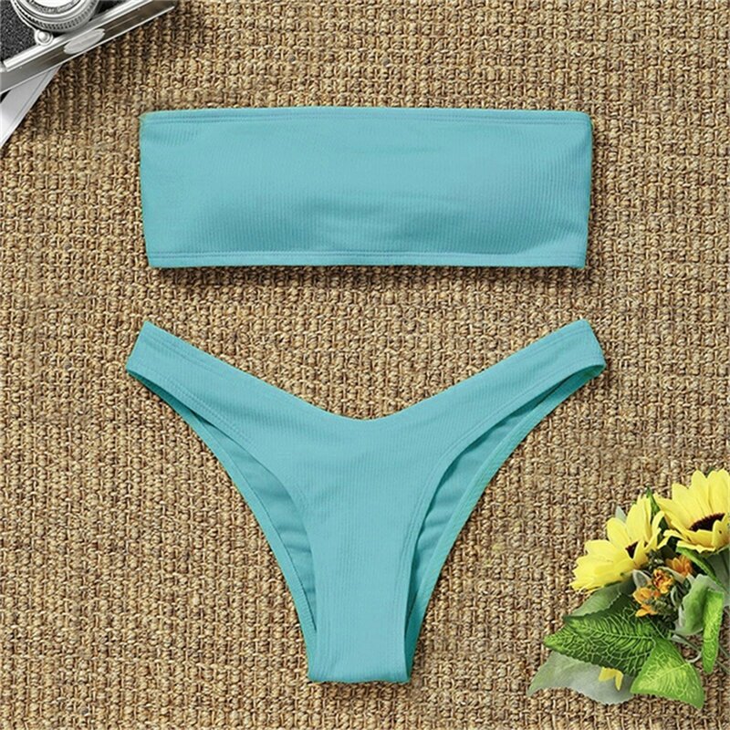 Conjunto de biquíni bandeau para mulheres, maiô monocromático com nervuras, maiô tanga de corda, praia sem alças, maiô