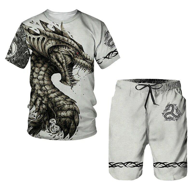 Костюм спортивный мужской с 3D-принтом дракона, модная футболка и шорты, комплект из футболки и брюк оверсайз с коротким рукавом, летняя одежда