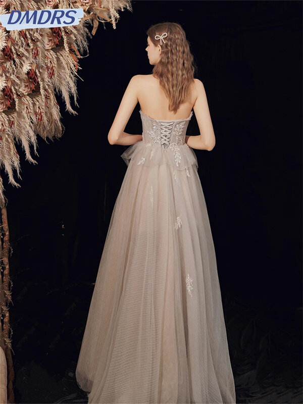 Charming A-Line Prom Dress, graciosos vestidos de tule, elegantes vestidos sem mangas até o chão, 2024