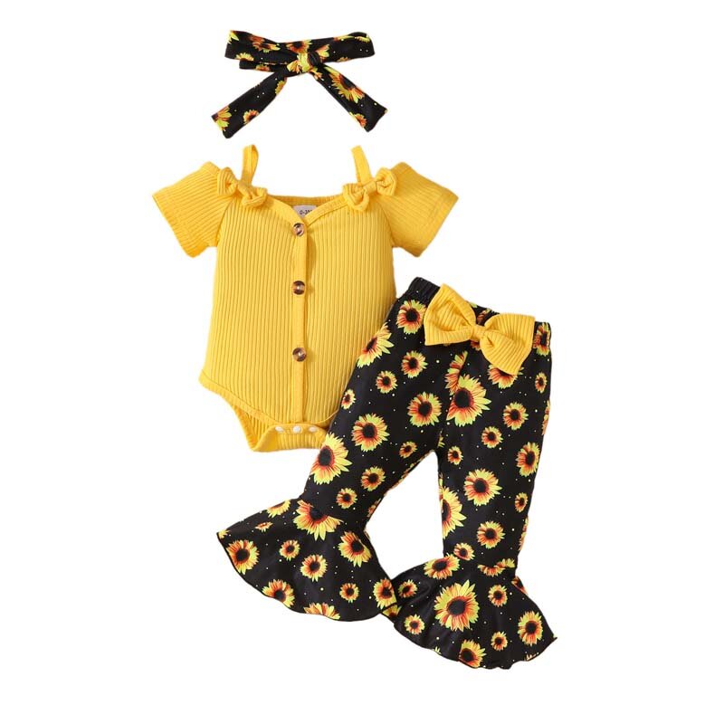 Setelan baju bayi perempuan baru lahir, 0-18 bulan baju monyet celana selempang lengan pendek Bodysuit motif bunga matahari bel bawahan ikat rambut