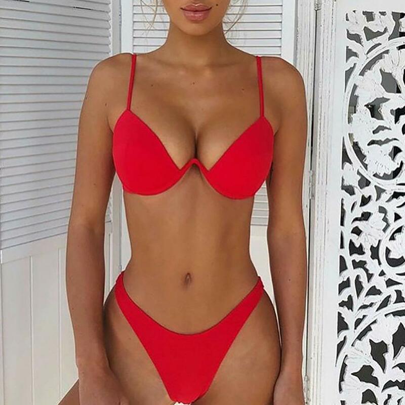 Traje de baño Sexy de Color liso para mujer, conjunto de Bikini de playa con sujetador con aros y Tanga