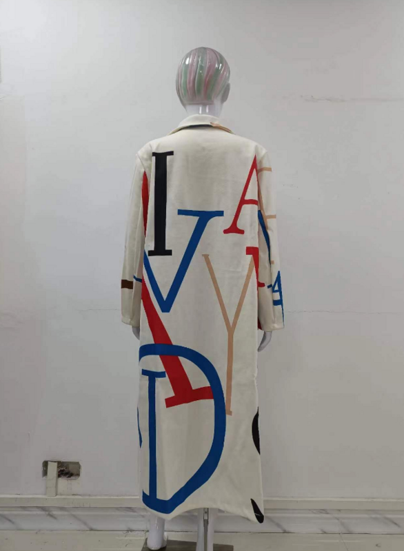 Куртка женская длинная с принтом, свободная ветровка оверсайз с воротником с лацканами, модная повседневная верхняя одежда, осень-зима