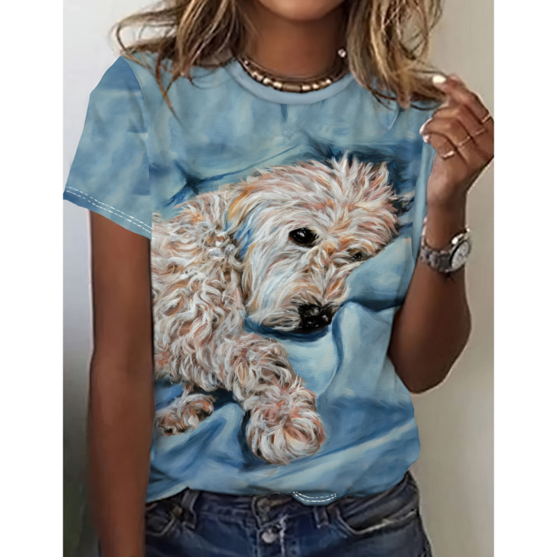 Camiseta de manga curta com gola O feminina, roupas femininas, personagens de desenhos animados, bonito impressão 3D, blusa casual, engraçado, cachorro, camiseta