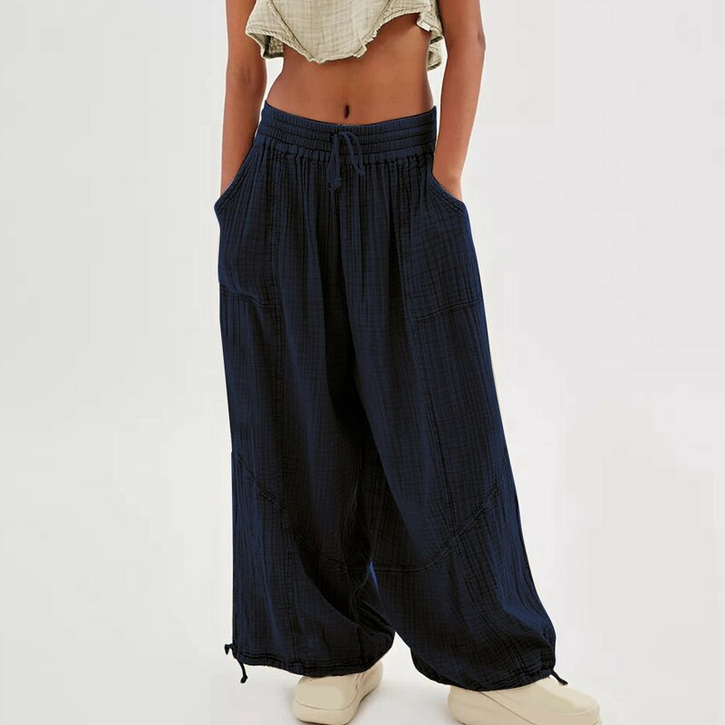 Pantalones bombachos de lino y algodón para mujer, pantalón informal de cintura elástica, pierna ancha, holgado, con bolsillos, S-3xl