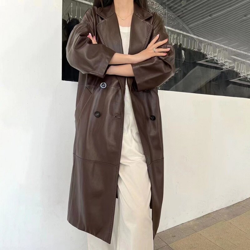 Real Leather Trench Coat Women Fall Winter Sheepskin Suit Collar Double-Breasted Arch Needle Design Loose Long Jaqueta Feminino