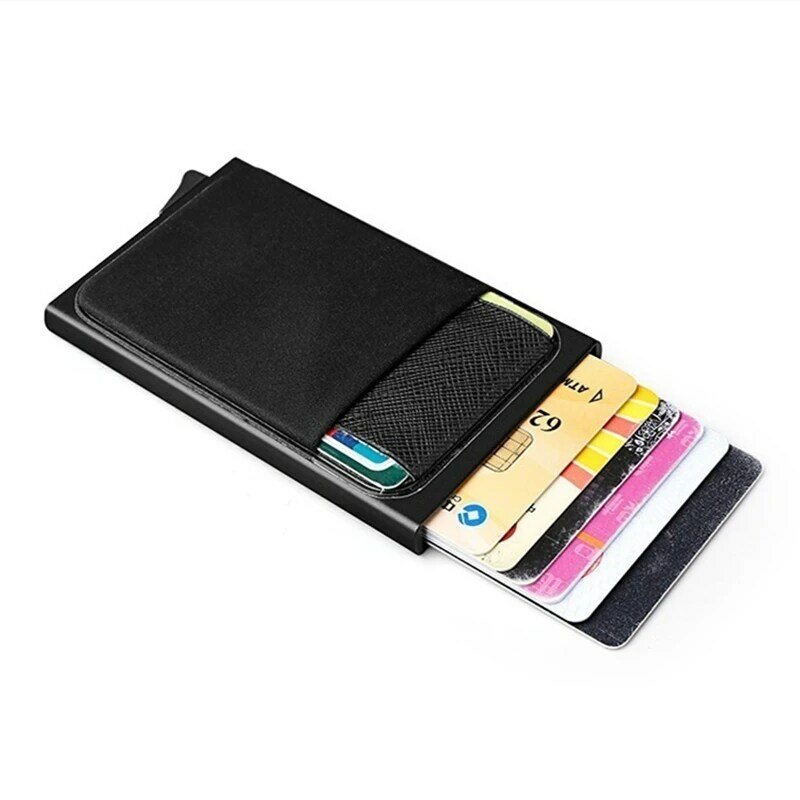 Tempat kartu pria, alumunium otomatis elastis Anti Maling geser persegi Bank kotak kartu Multi Slot kartu dengan penutup dompet kartu