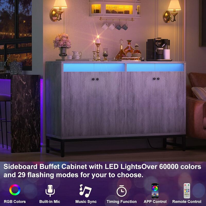 Modern Sideboard Buffet Cabinet com Power Outlet e RGB LED Light, Armário de cozinha, Accent Table with Doors, Espaçoso