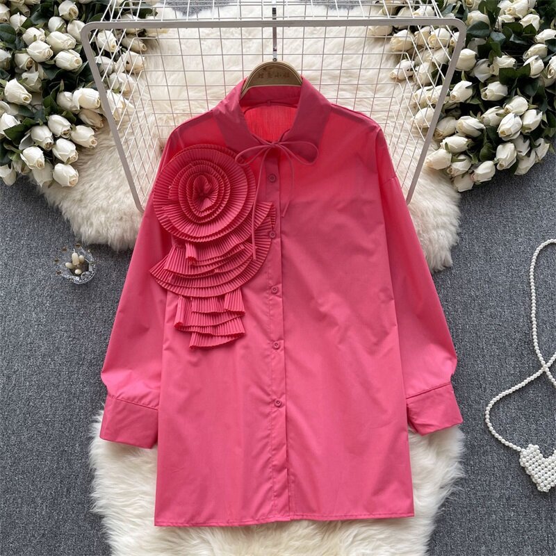 Spring Multi-color Women's Shirt Three-dimensional Floral Long Sleeved Top Loose Collar Single Breasted Versatile Cardigan