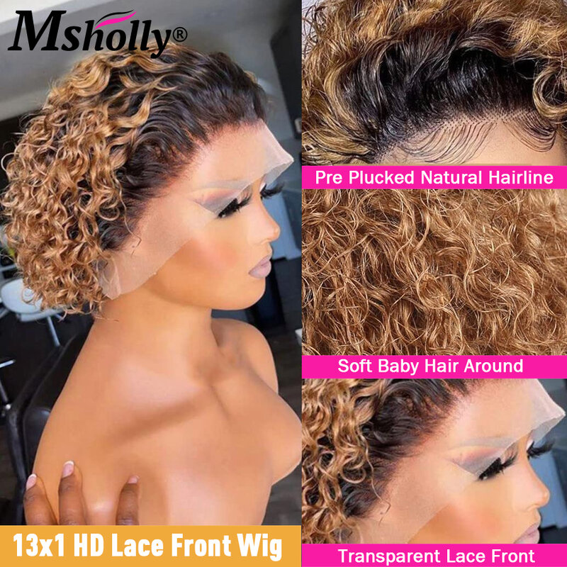 Brązowe krótkie kręcone 13x1 peruki typu Lace z ludzkich włosów naturalną linią włosów peruki z kręconymi włosami dla kobiet fryzura Pixie brazylijskie peruki Remy
