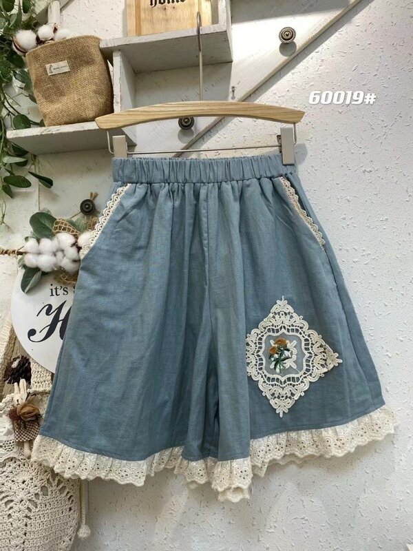 Shorts japoneses de flor doce para mulheres, cintura alta fina, renda bordada, patchwork, roupas femininas, verão