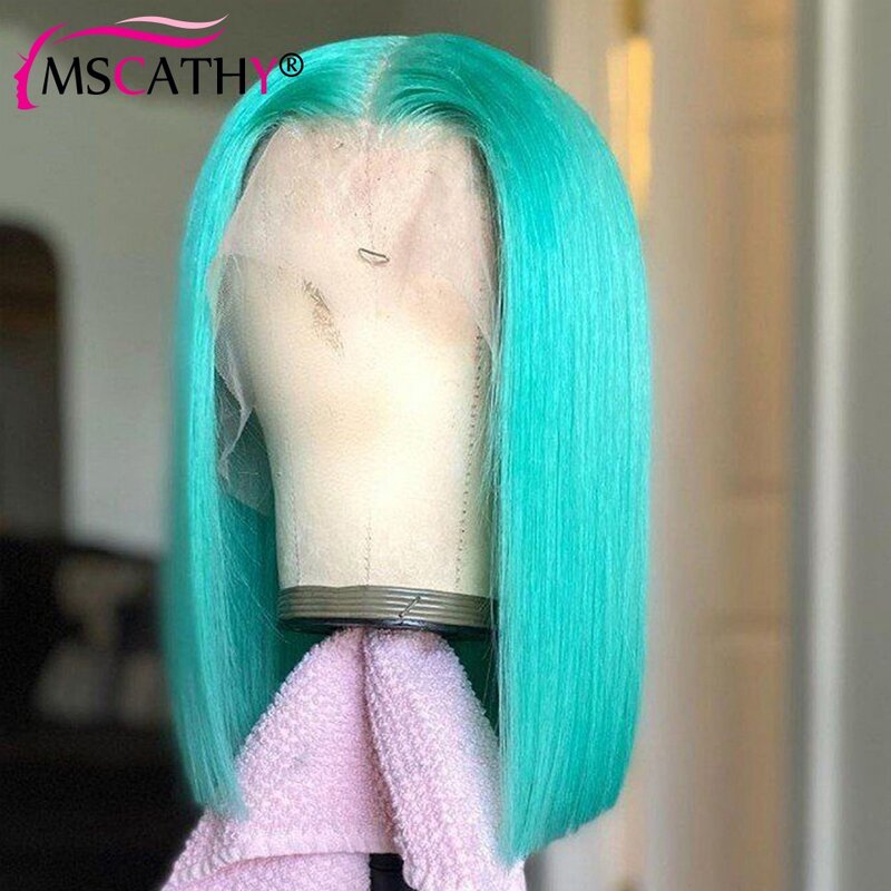 Mscathy-Peluca de cabello humano virgen para mujeres negras, pelo brasileño con malla frontal 13x4, color verde menta, 100%