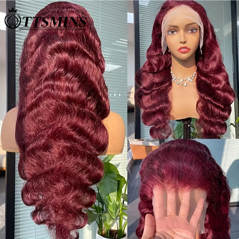 Perruques de cheveux humains avant en dentelle transparente pour femmes, couleur bordeaux, vague de corps, perruques de fermeture, pré-plumées, rouge, 99J, 13x4