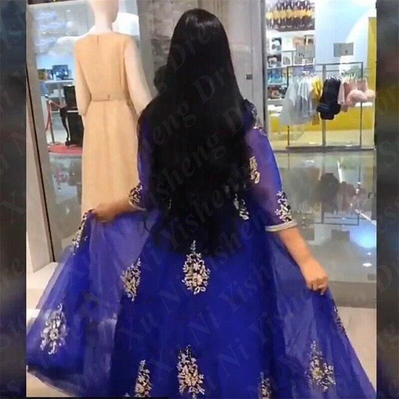 Koendye 2024 Royal Blue Prom dresses Moroccan Caftan V-Neck Half Sleeves Formal Evening Gowns Floor Appliques Arabic Party dress