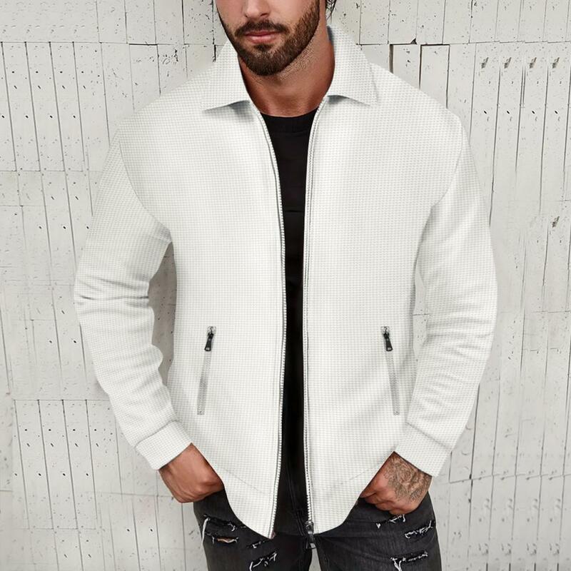 Men Jacket Stylish Men's Waffle Texture Jacket Zipper Pockets Slim Fit Breathable Mid Length Coat Men Solid Color Jacket