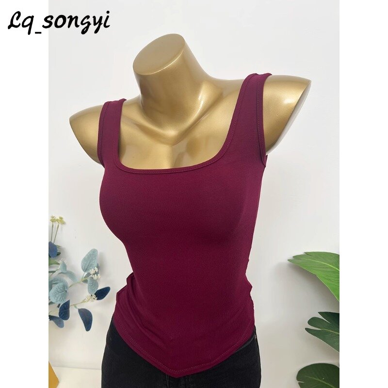 Lq_songyi-Haut à col en U pour femme, chemise en fibre, débardeur à bretelles larges, sexy, solide, basique, été