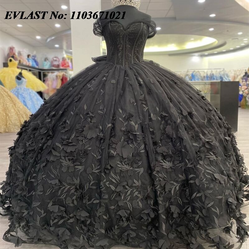 EVLAST Mexican Black Quinceanera Dress Ball Gown Floral Applique Beading With Bow Corset Sweet 16 Vestidos De XV 15 Anos SQ25