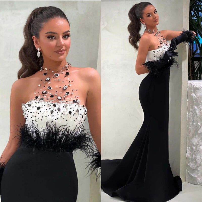 Jersey Feather Sequined Beading Ruched Formal Evening A-line High Collar Bespoke Occasion Gown Long Dresses