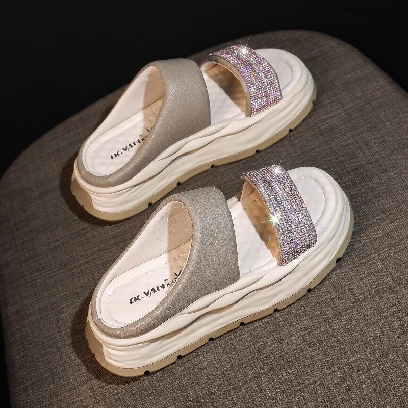 Comemore Soft Leather Slipper 2024 Summer New Thick Bottom Slipper Women's Outer Wear Rhinestone Sandal Comfortable Woman Shoes