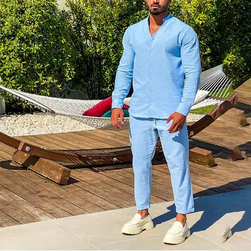 Traje deportivo informal Simple para hombre, conjunto de dos piezas de lino transpirable, Color sólido, camisa de manga larga con cuello levantado y pantalones