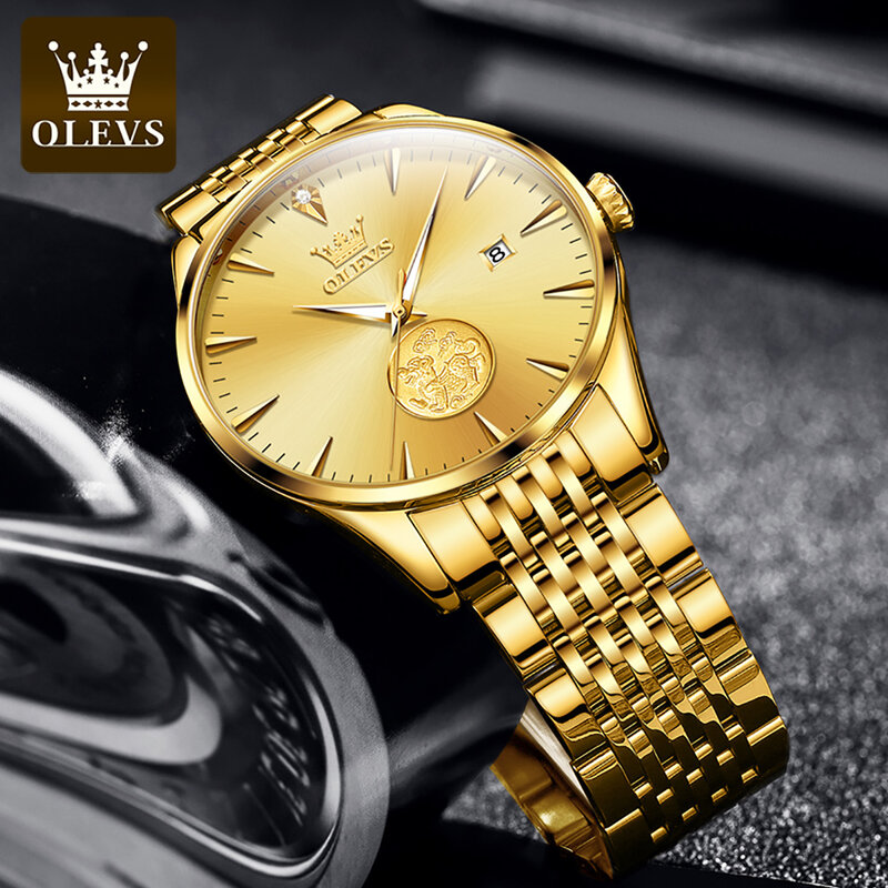 OLEVS Relógio Mecânico de Luxo para Homens, Aço Inoxidável, Impermeável, Calendário Automático, Relógios De Negócios, Marca Dourada