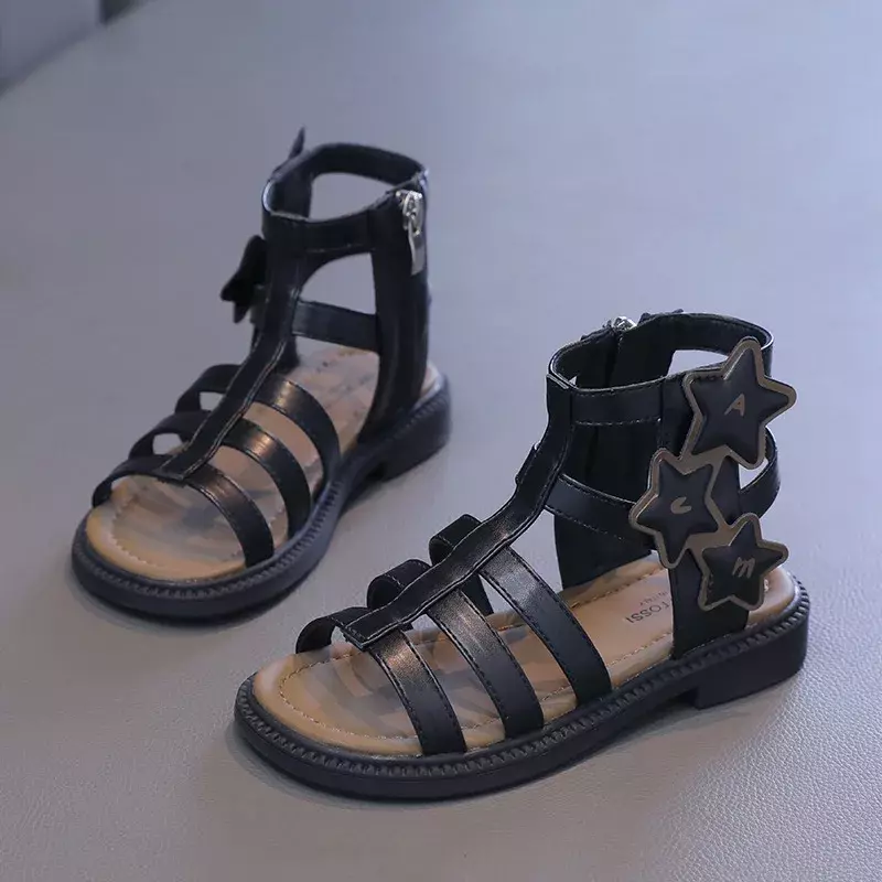 Sandálias de gladiador princesa de dedo aberto feminino, sandálias romanas infantis, com fecho de praia de alto corte infantil, moda casual, verão