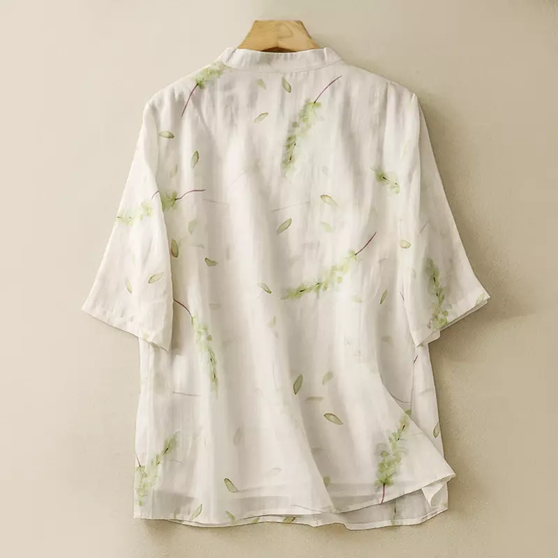 Vintage Women's Shirts Summer Printed Chinese Style Blouses Loose Short Sleeve Women Tops Cotton Linen Clothing