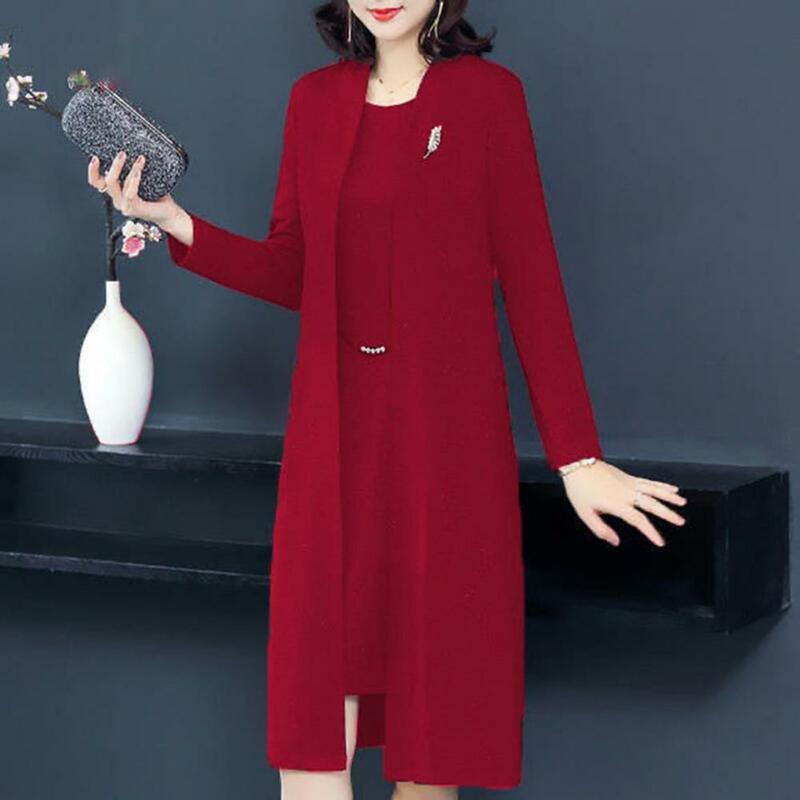 Women Dress Coat Suit Spring Fall Elegant Solid Color Middle-age Female Open Front Long Cardigan O Neck Sleeveless Dress Kit