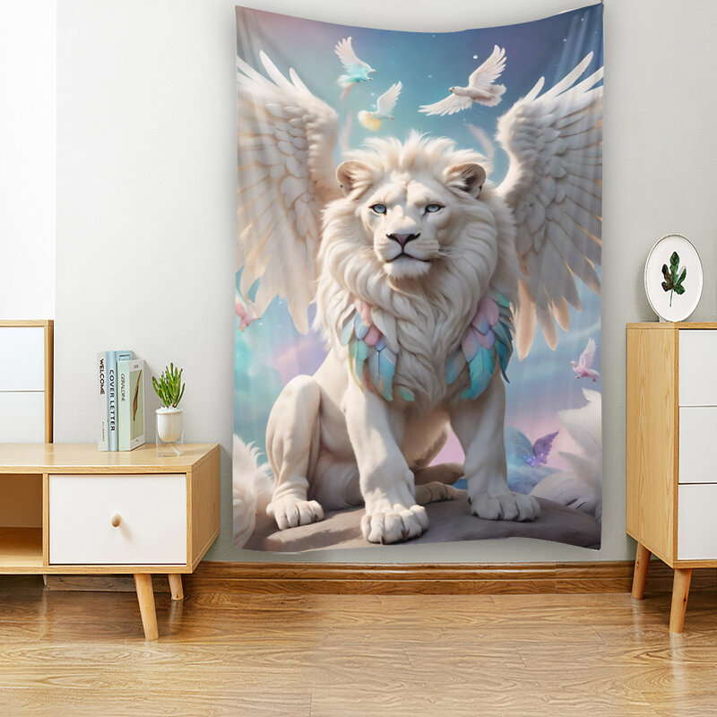 Lion flower tapestry, colorful animal wall art decoration, polyester printing, home, bedroom, dormitory, hippie wall hanging