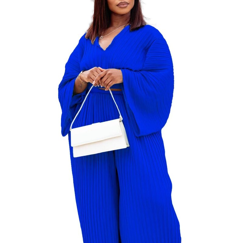 Blusa impressa plissada de chiffon e calças compridas para mulheres, roupas femininas, calças combinando, moda elegante, 2 peças