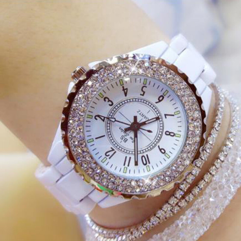 Montres-bracelets en céramique pour femmes, cristal, diamant, élégant, luxe, dames, horloge, 2023