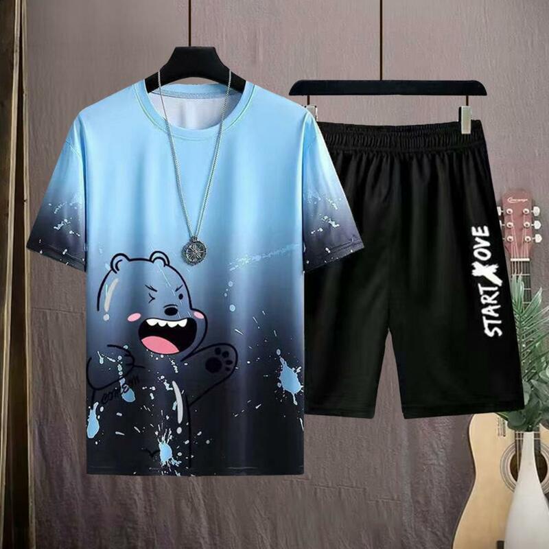 Men Casual Outfit Two-piece Set Short Sleeve Bear Printing T-shirt Wide Leg Shorts Set Quick Drying Loose Fit Men Summer Suit