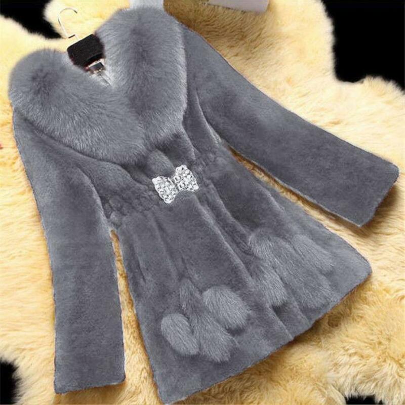 Mantel bulu palsu wanita, jaket kebesaran wanita dengan pinggang elastis hangat bulu buatan untuk musim gugur dan dingin