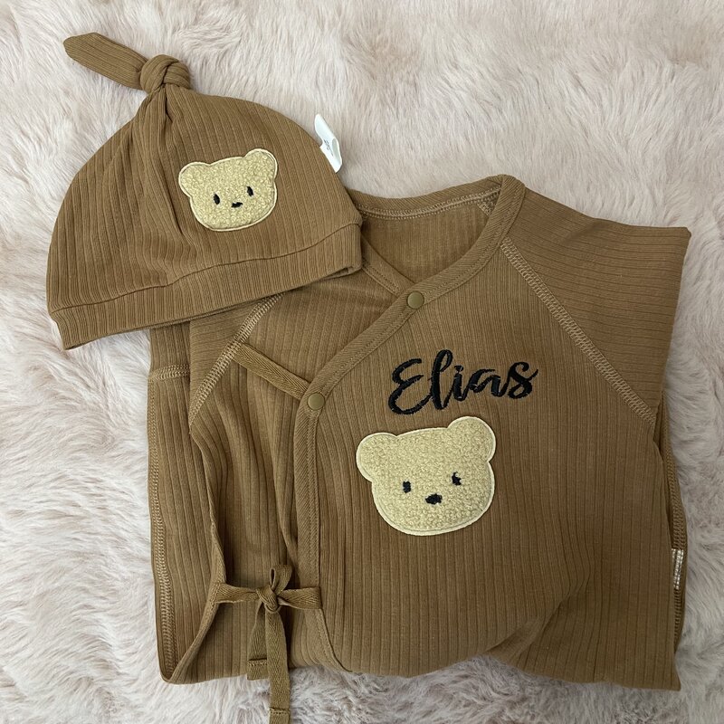 Embroidered Cute Teddy Bear Newborn Base Pajamas, Personalized Customization For children's soft long sleeved jumpsuit