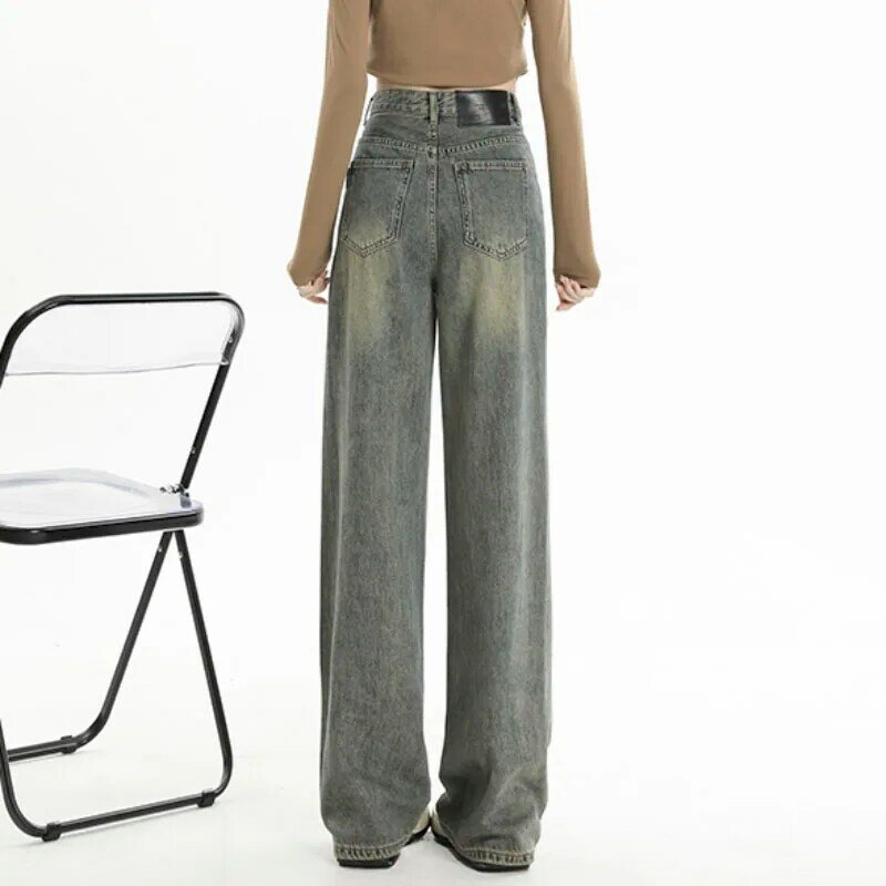 Jeans da donna Vintage Wash Y2K abbigliamento a vita alta comodi pantaloni larghi in Denim a gamba dritta