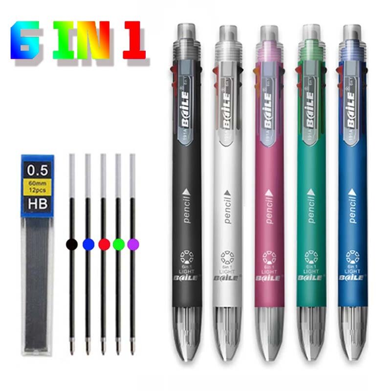 리필 리드 포함 6 in 1 멀티 컬러 롤 볼펜 세트, 5 색 볼펜 및 1 연필 코어, 창의적인 다기능 마킹 펜