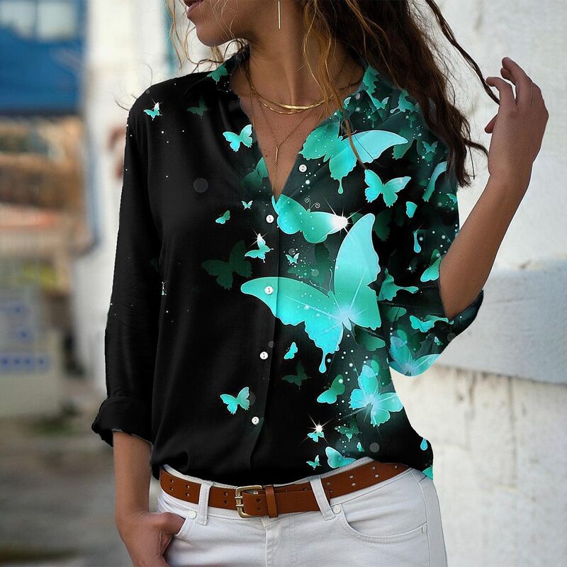 Женская Повседневная Блузка с длинным рукавом, элегантная Свободная рубашка с V-образным вырезом и принтом бабочек, Осень-зима 2022