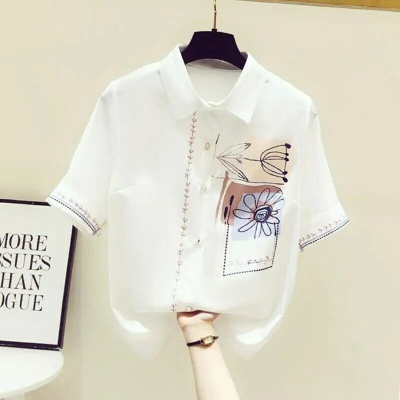 Женская шифоновая блузка с коротким рукавом, однобортная Свободная блузка с принтом, лето