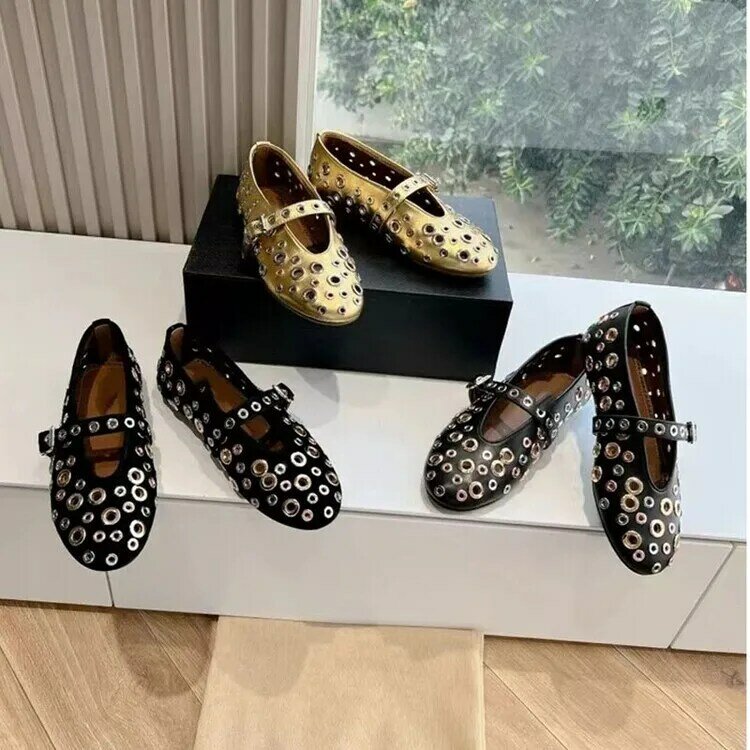 Women's Summer New Fashion Rivet Hollow Mary Jane Flat Sole Single Shoes Round Toe Comfortable Large Ballet Women's Shoes