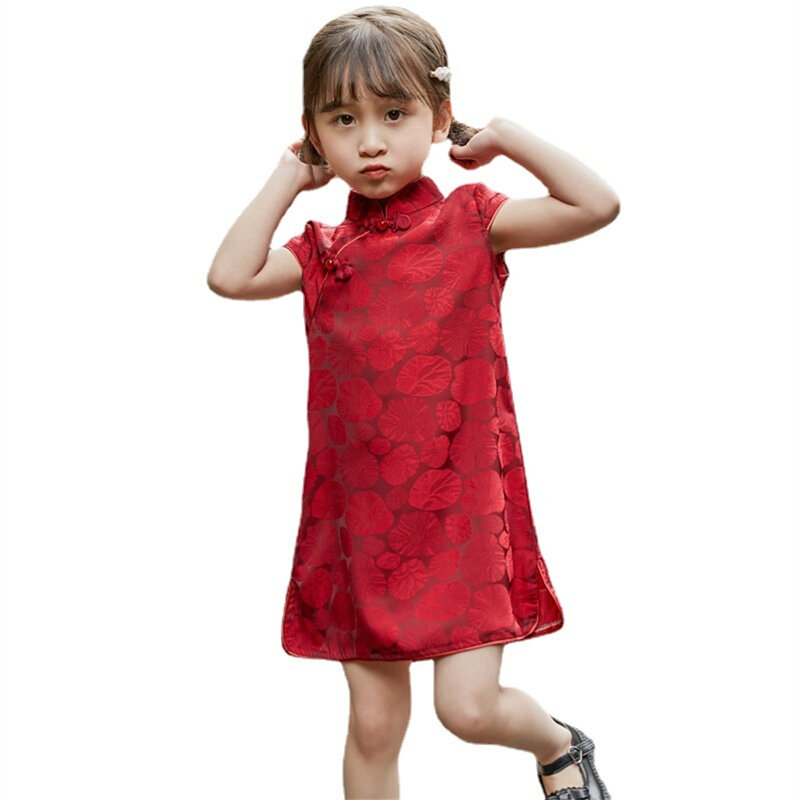 Girl Wine Red Cheongsam Summer Thin Children Printed Hanfu Princess Dress Kids Sweet Chinese Vintage Short Sleeve Qipao Vestidos