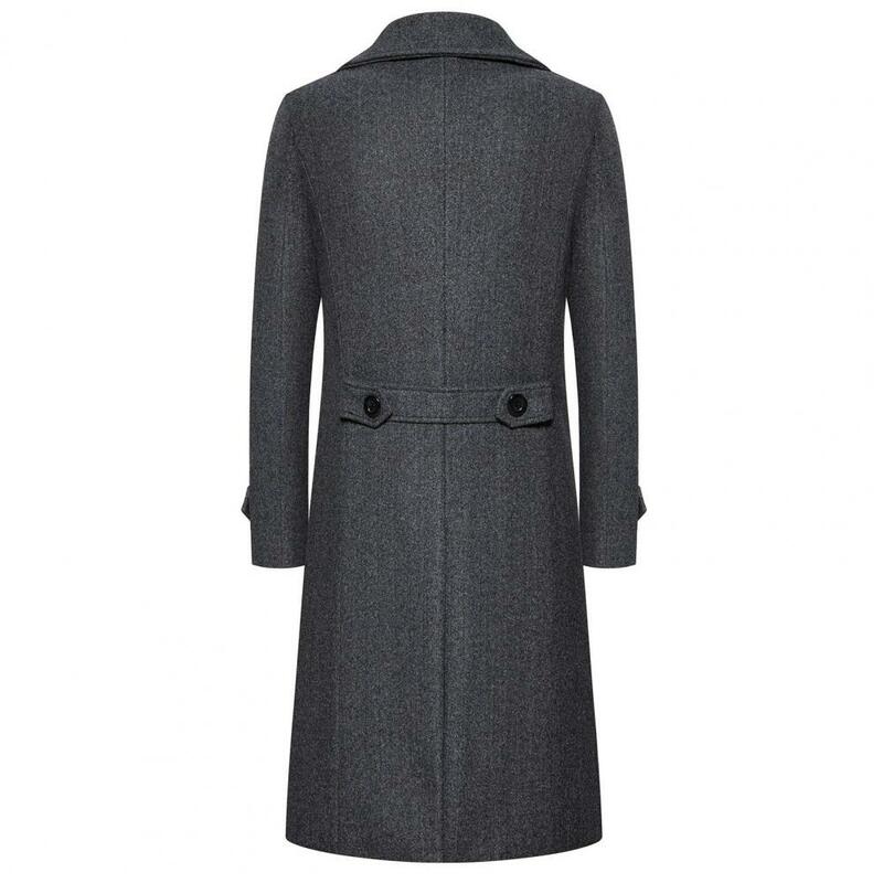 Winter Long Coat Double-breasted Men's Overcoat Slim Fit Mid Length Long Sleeve Thick Windproof Warm Solid Color Cardigan