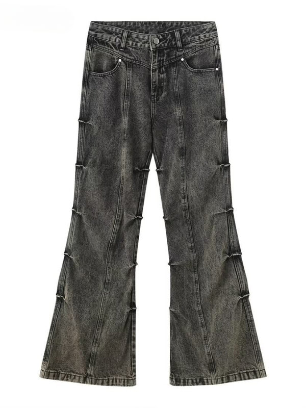 ADAgirl-pantalones vaqueros Acampanados para mujer, ropa de calle de los años 90, holgados, plisados, de pierna ancha, informales, Y2k, de cintura alta