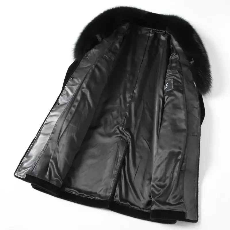 Ayunsue-シックファージャケット,メンズロングコート,本革,キツネの毛皮の襟,アウターウェア,冬,2021