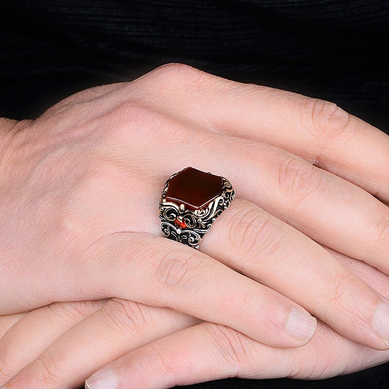 Anel de prata feito à mão, anel de ágata vermelha, anel de pedra preciosa aqeeq, anel de prata gravado masculino, anel otomano, prata esterlina 925k