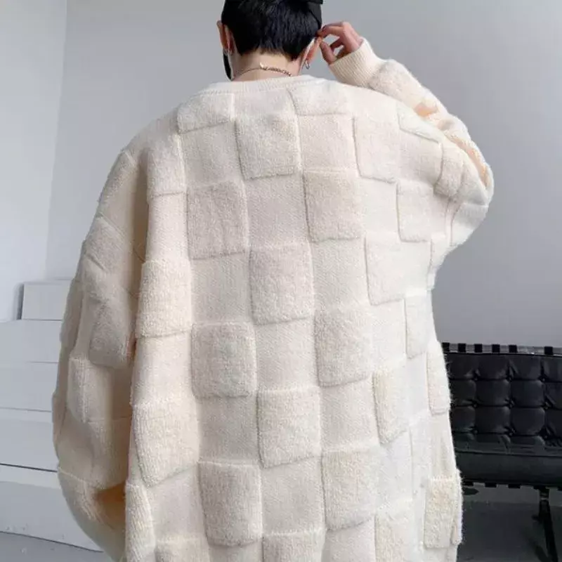 Suéter xadrez bordado para homens e mulheres, pulôver extragrande, design de rua, toalha sensorial, moda popular juvenil, casual, 2023