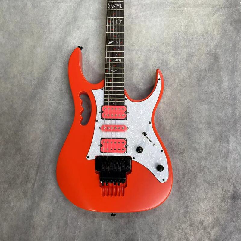 6-струнная разделенная электрическая гитара, матовый оранжевый корпус, фингерборд из палисандра, розовый пикап, фотография фабрики, фотография фотографий, искусство, ca