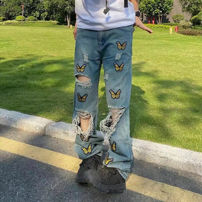 Vintage Washed High Waisted Jeans Woman Casual Butterfly Embroidery Ripped Jeans for Women High Street Baggy Jeans Women Pants