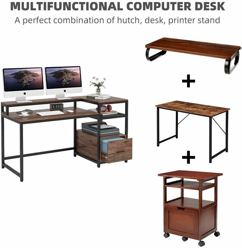 Computer Desk with Hutch and Storage Shelves, 59 inch Large Rustic Home Office Desk Computer Table Study Writing Desk