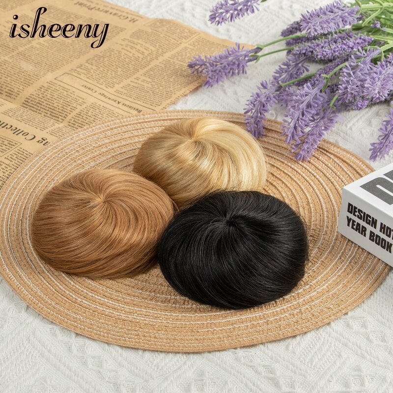 Isheeny-extensiones de cabello humano Real para mujer, coletas rectas con cordón, Clip en postizos, Donut, Updo