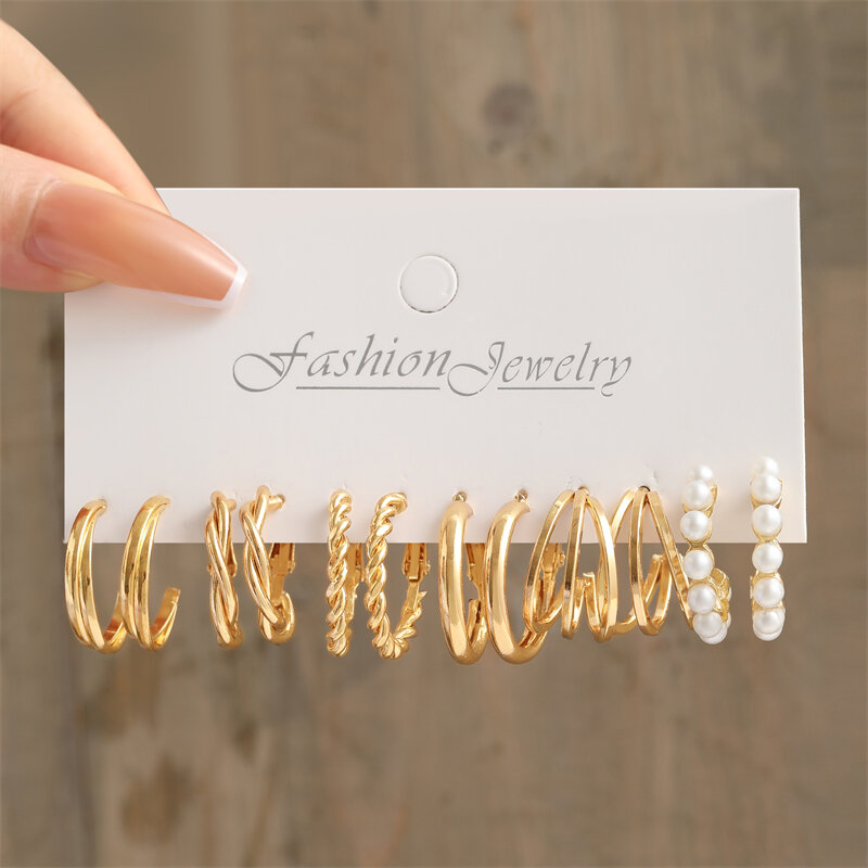 17KM Geometric Pearl Hoop Earrings for Women Metal Gold Color Dangle Earrings Set Hollow Circle Earrings Fashion Twist Jewelry